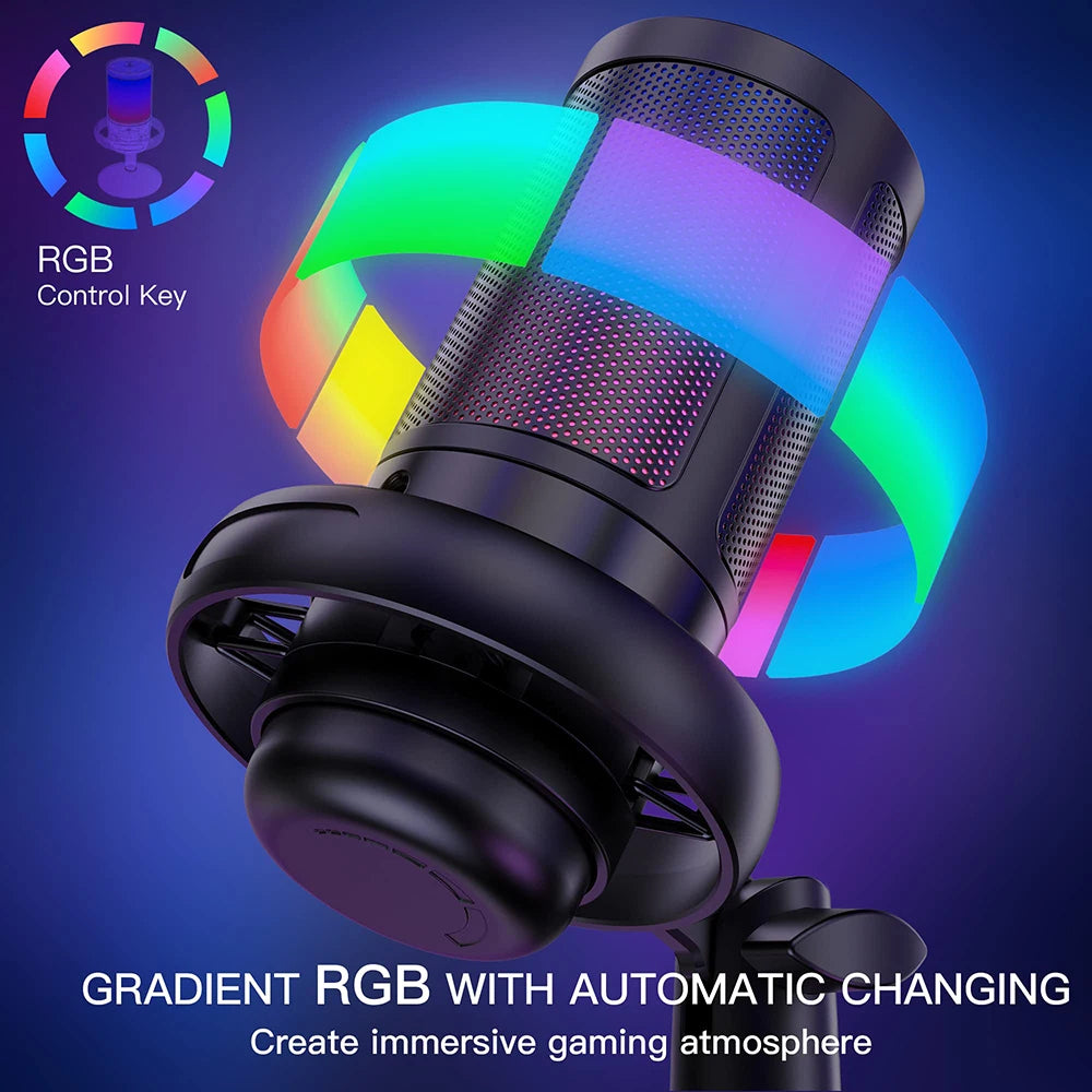USB Condenser Microphone for PC Computer Gaming Mic for PS4/PS5/Mac Fast Mute RGB Lights Shock Mount Gain Knob Sound Monitor