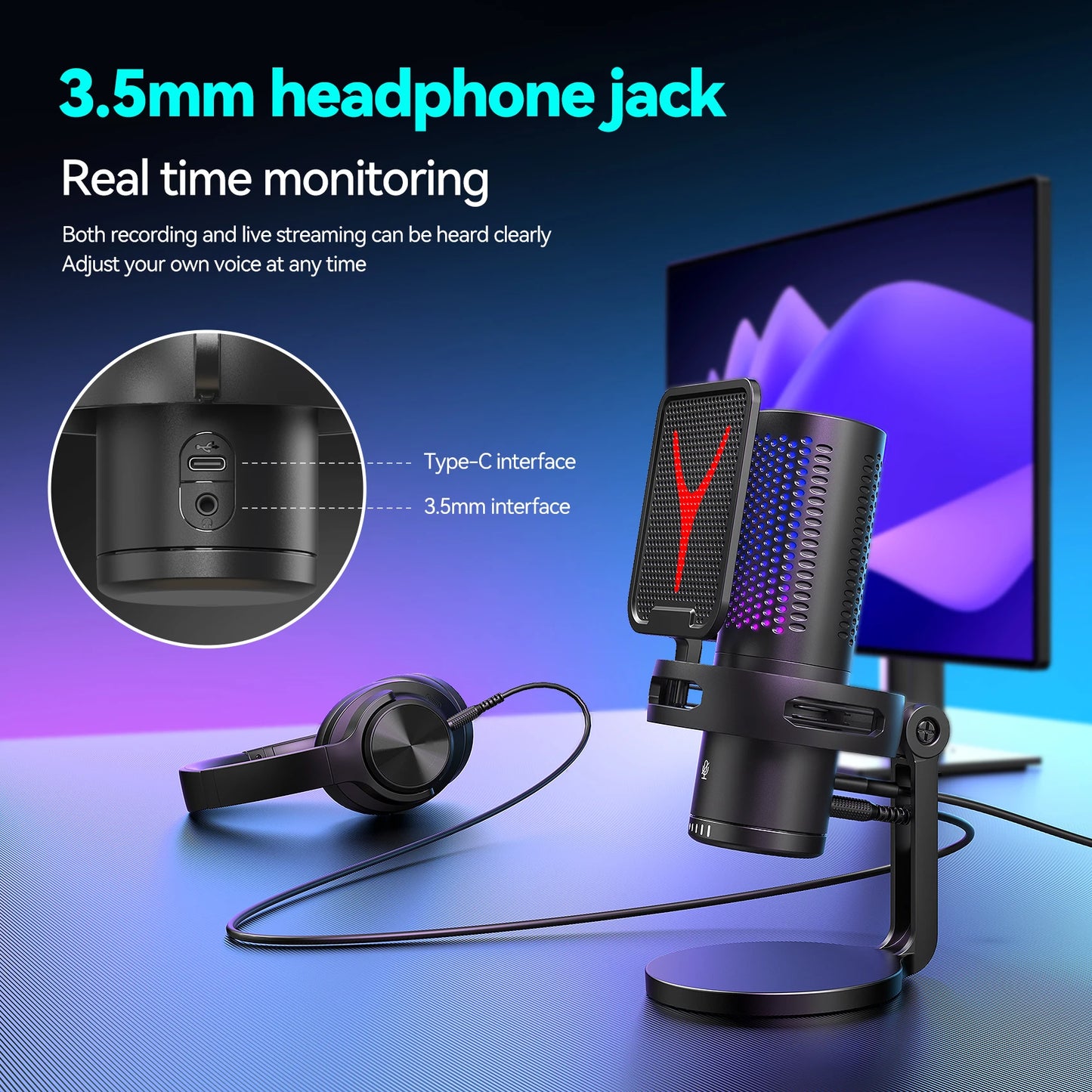 Condenser Professional Microphone Mic For PC Laptop Computer Gaming USB Wired Streaming Podcast Studio Mike Kit Gamer Accessory