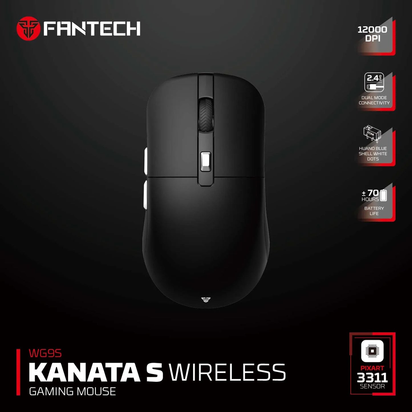FANTECH KANATAS WG9S Wireless Gaming Mouse PIXART 3311 12000DPI Improved Ultra-Grippy Coating Wired Mouse Macro Button Mice