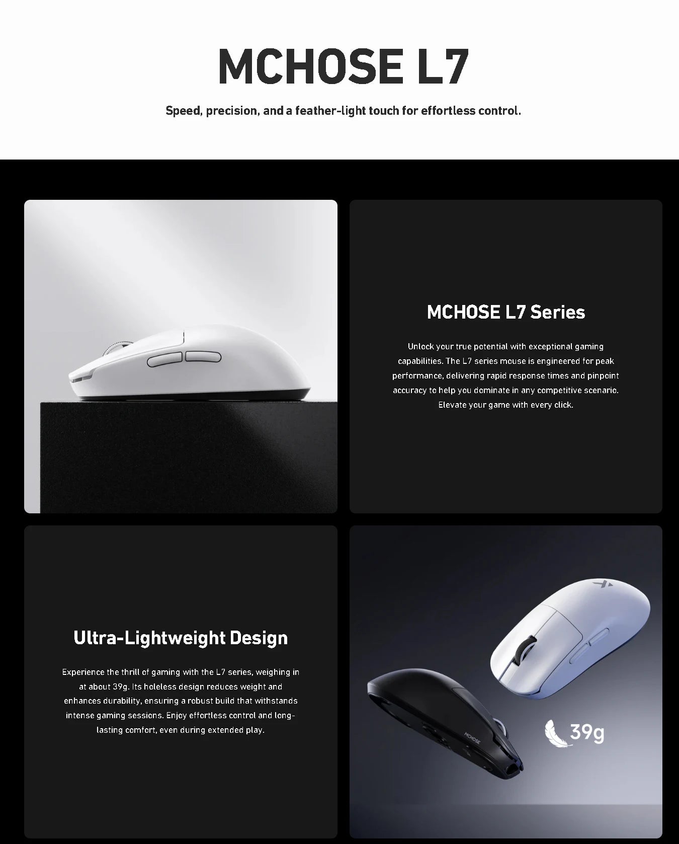 Official MCHOSE L7 Ultra Wireless Gaming Mouse PAW3950 E-Sport Sensor Realtek Flagship Master TOPSPEED 8K Polling Rate 39g Mice
