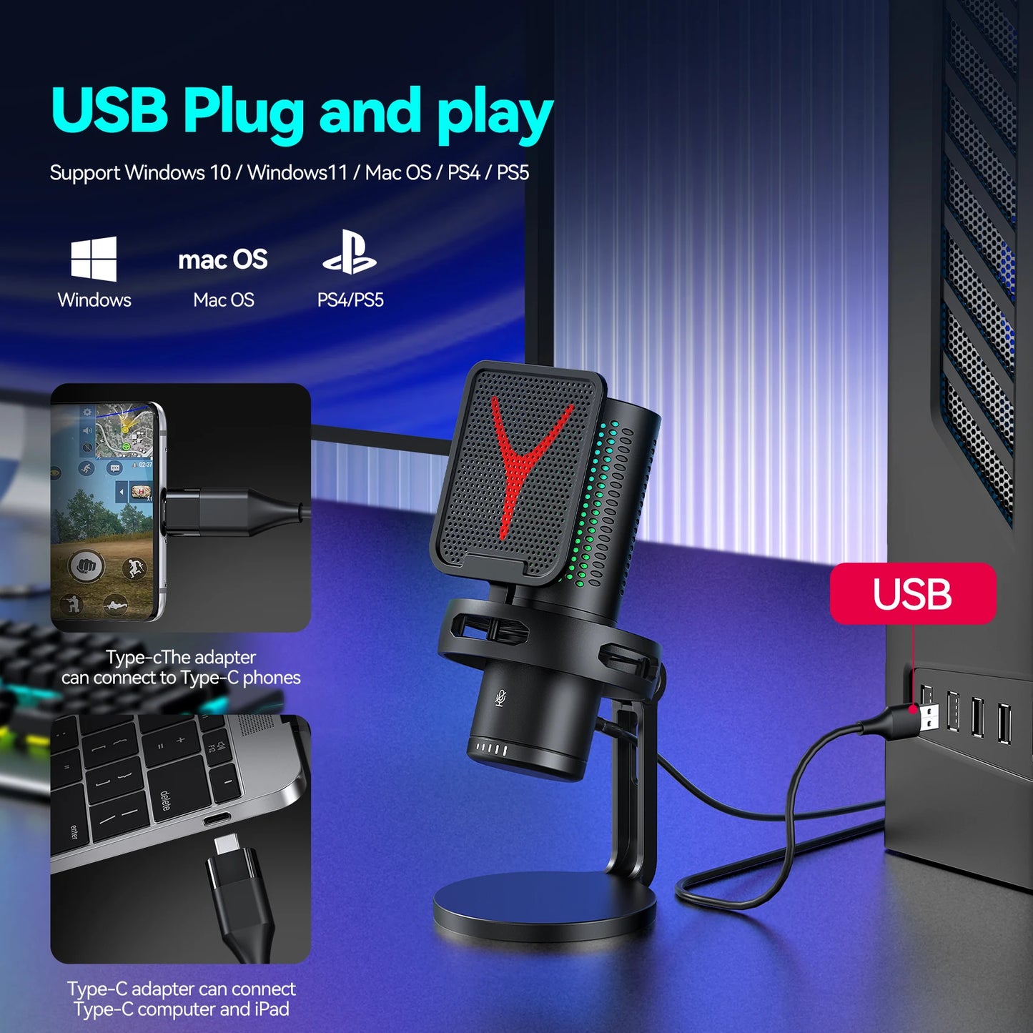 Gaming Computer Professional Condenser Microphone Mic PC Laptop USB Wired Live Streaming Podcast Studio Mike Kit Gamer Karaoke
