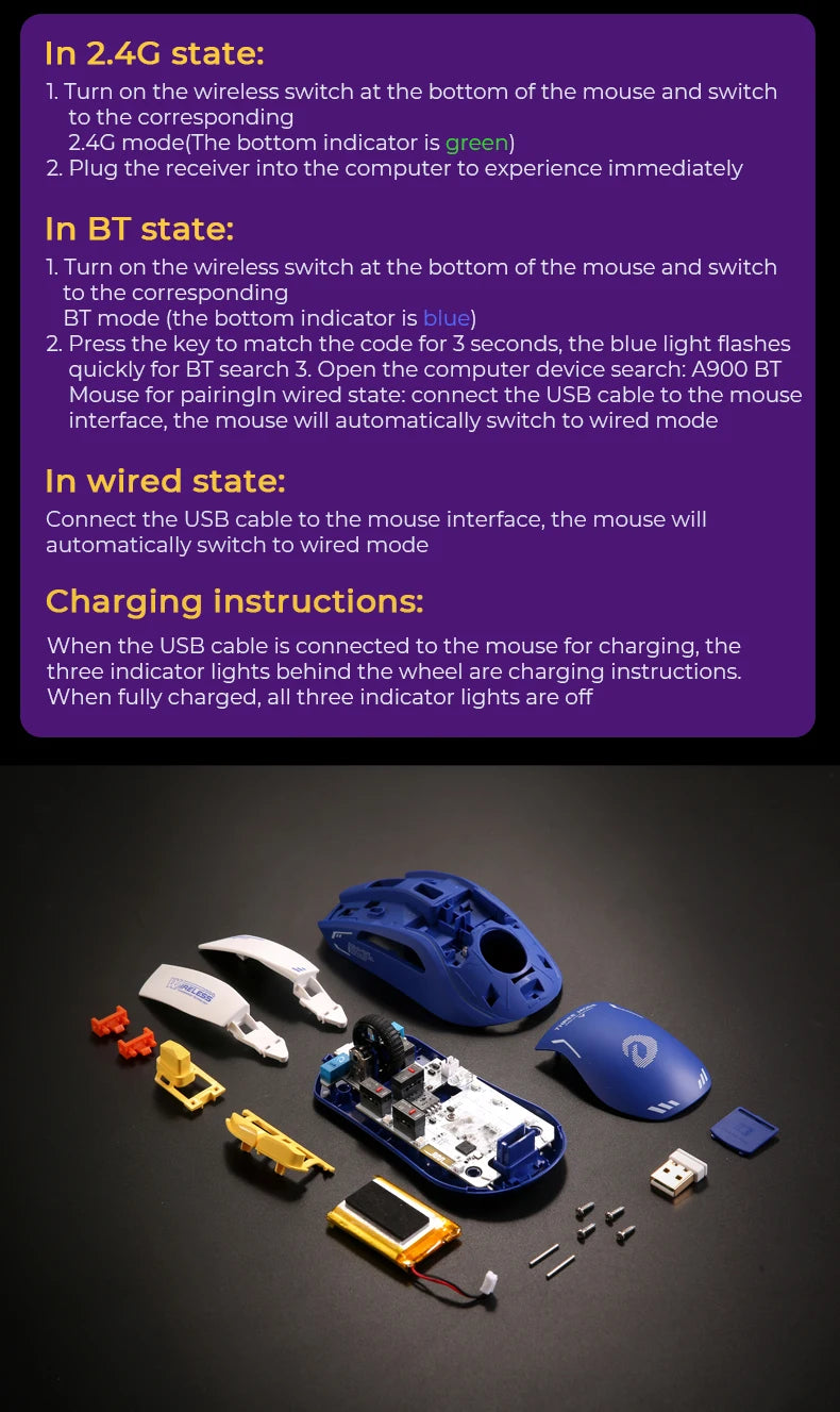 DAREU PC Gaming Mouse Tri-mode Connect Bluetooth Wired 2.4G Wireless Mice with Charging Base KBS Buttons Mous for Laptop Gamer