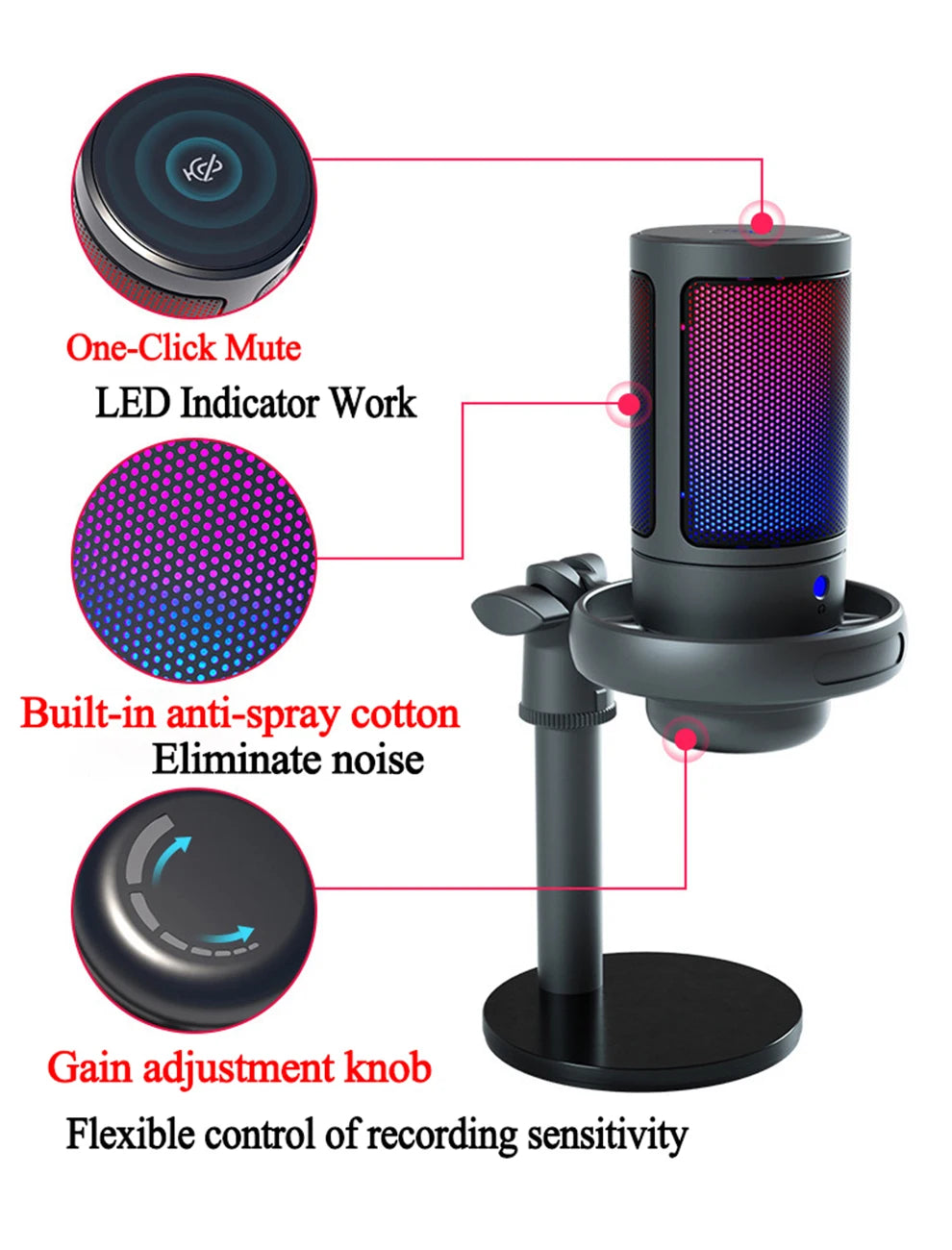 USB Condenser Microphone for PC Computer Gaming Mic for PS4/PS5/Mac Fast Mute RGB Lights Shock Mount Gain Knob Sound Monitor
