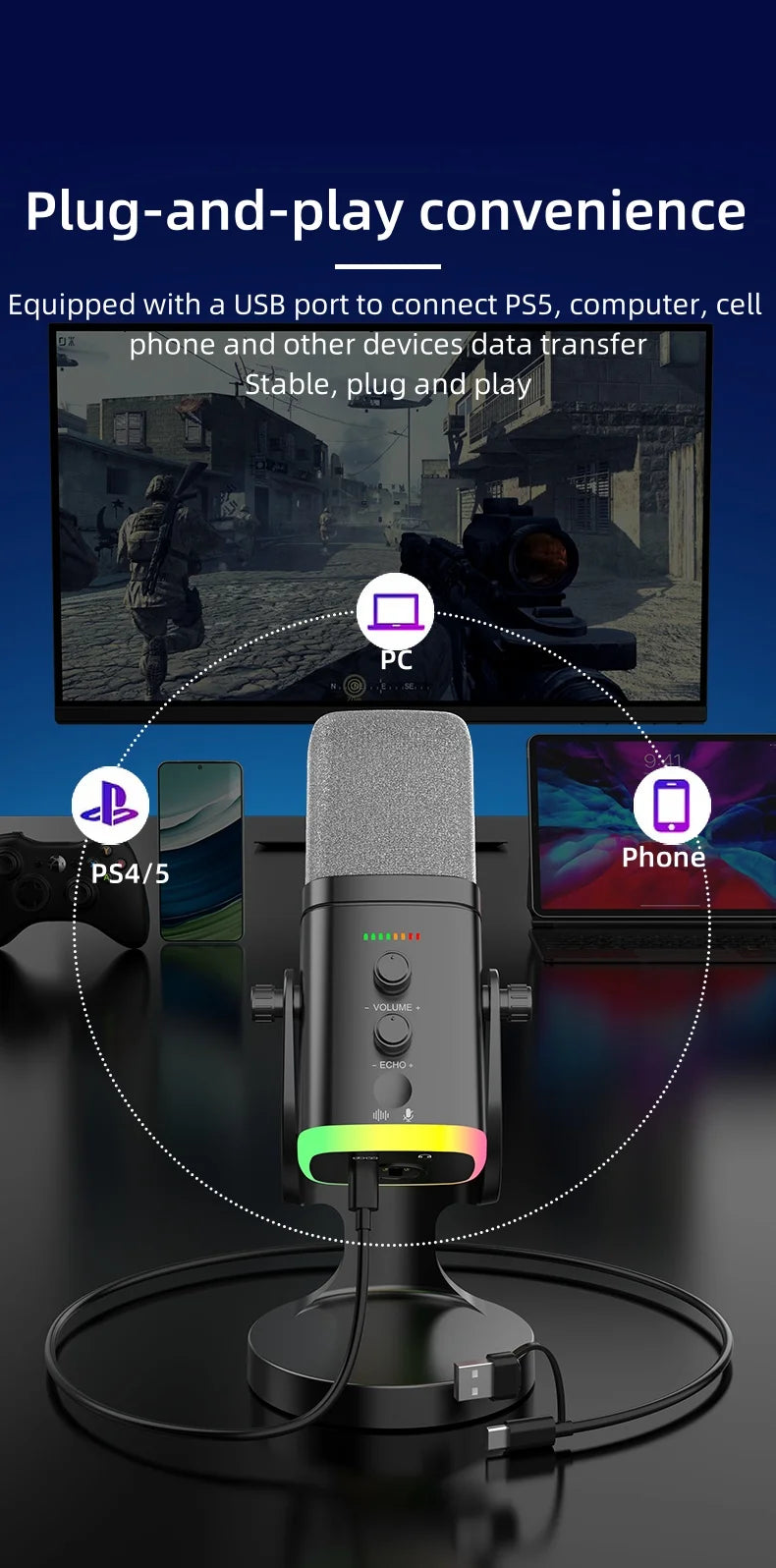 YU8 RGB gaming desktop microphone USB microphone live streaming XLR dynamic microphone recording computer mobile host karaoke