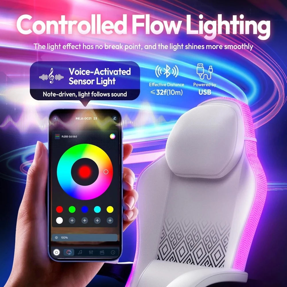 Gaming Chair, LED Game Chair with Massage Lumbar Support and Footrest - Ergonomic Computer Chair with Adjustable Height