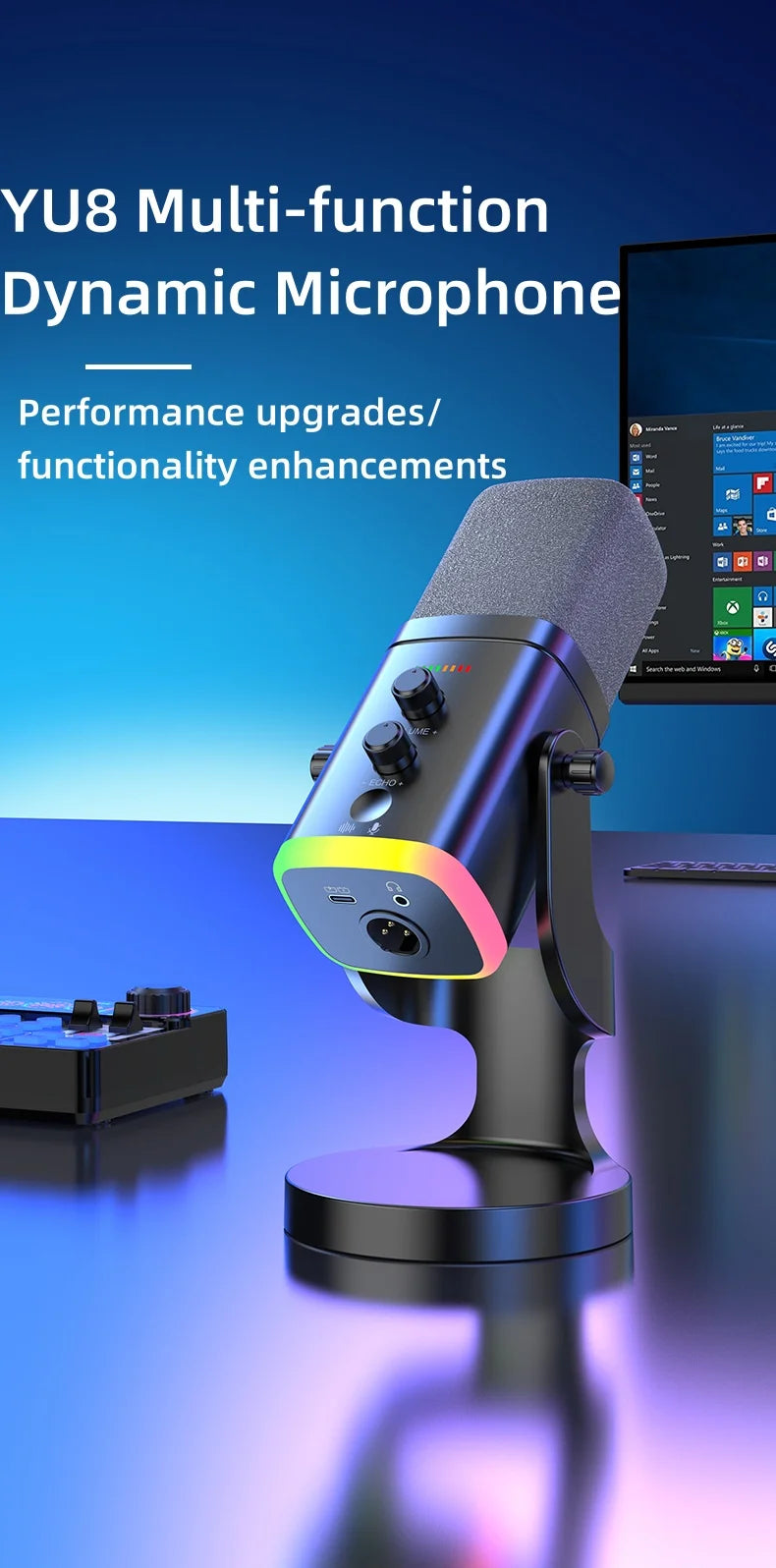 YU8 RGB gaming desktop microphone USB microphone live streaming XLR dynamic microphone recording computer mobile host karaoke