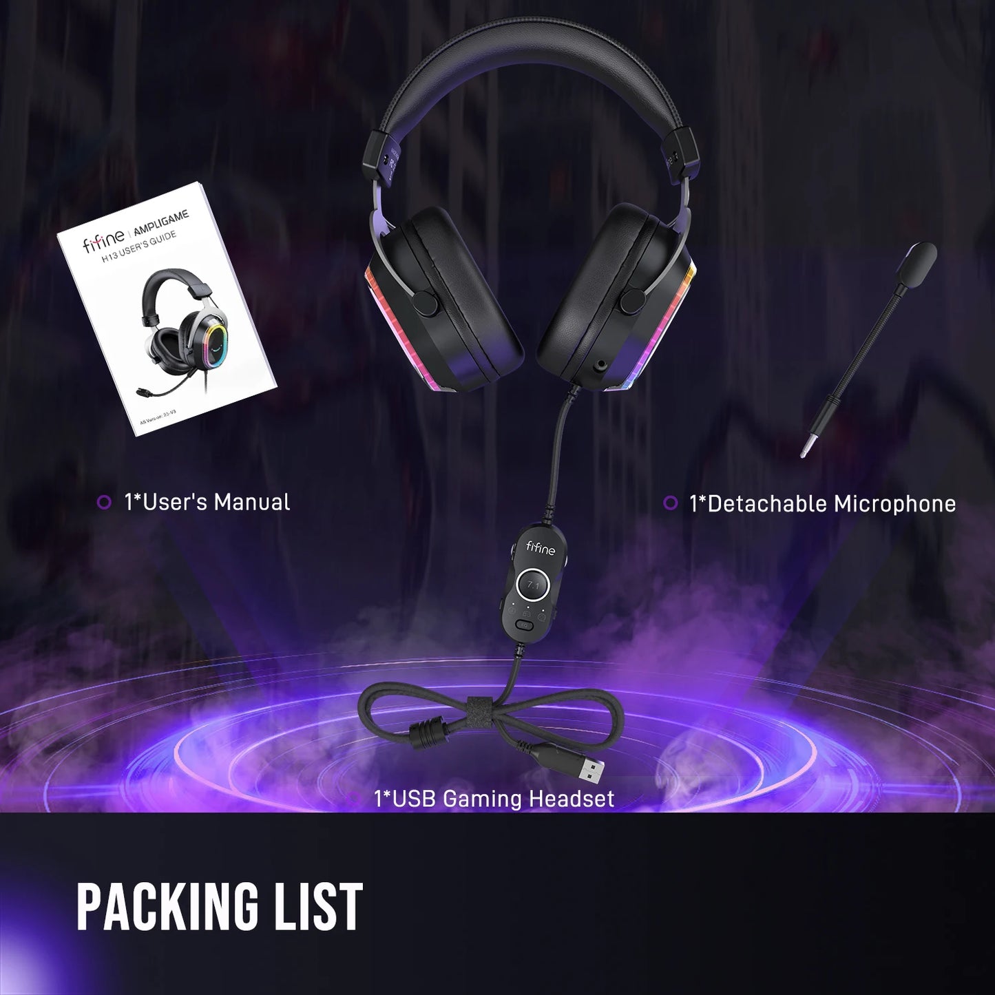 FIFINE RGB Gaming Headset with 7.1 Surround Sound & Dual Sound Card for PC/PS4/5,Over-Ear Headphone with Detachable Mic - H13