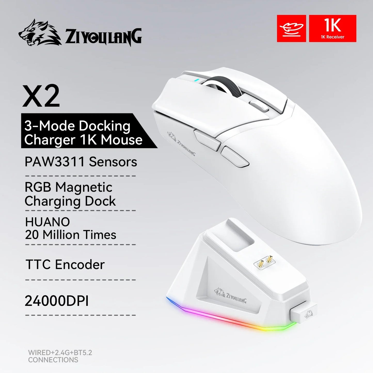 ZIYOULANG X2  Wireless Mouse , PixArt PAW3311, Tri-Mode Connection,RGB Magnetic Charging Base,Macro Gaming Mouse