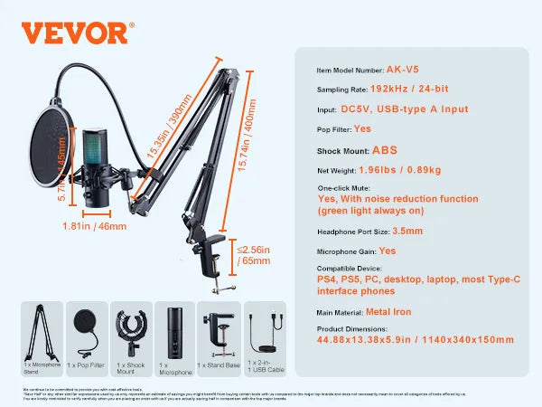 VEVOR USB Microphone 192kHz/24-bit Professional Condenser Microphone Kit for Podcast Recording Video Gaming Singing Streaming