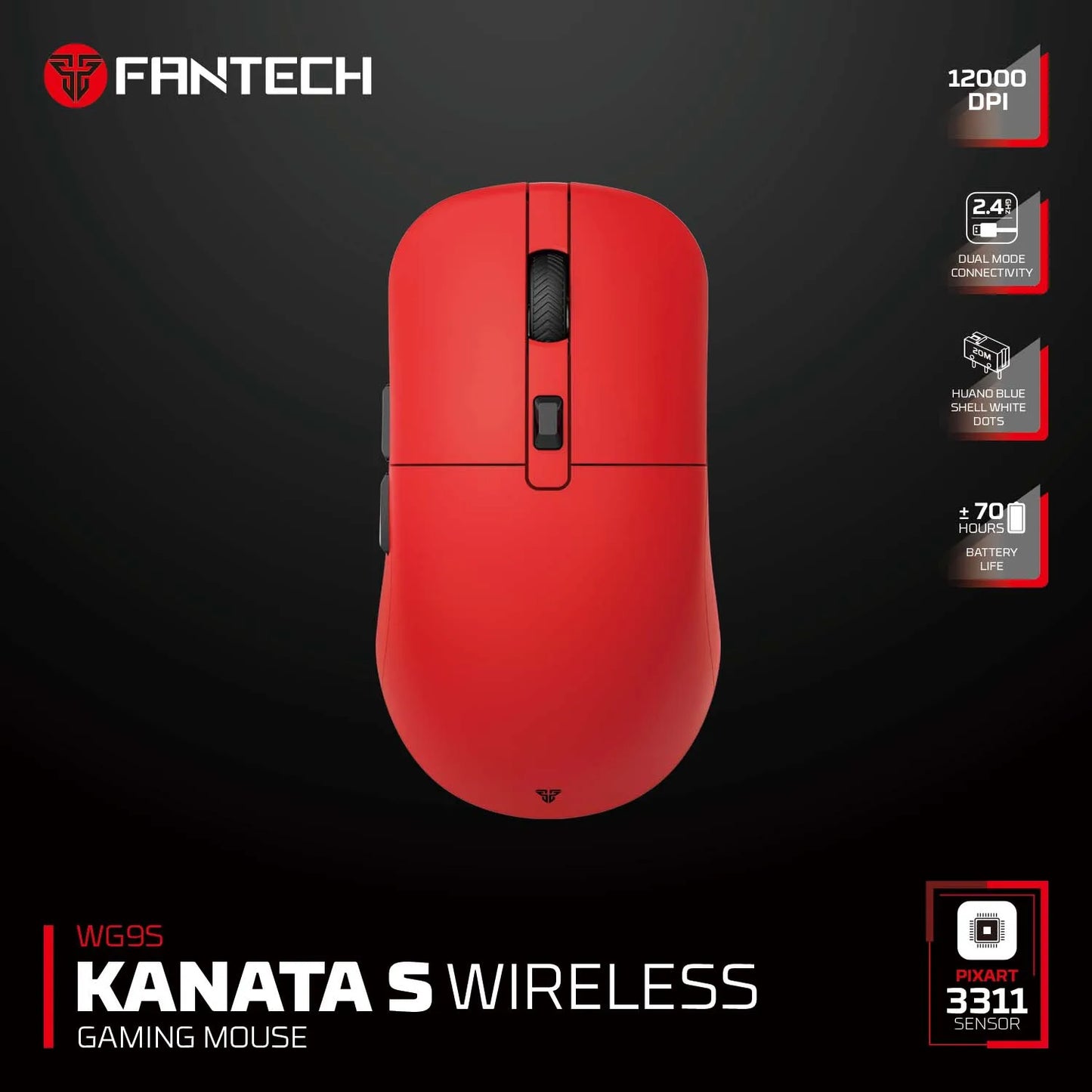FANTECH KANATAS WG9S Wireless Gaming Mouse PIXART 3311 12000DPI Improved Ultra-Grippy Coating Wired Mouse Macro Button Mice
