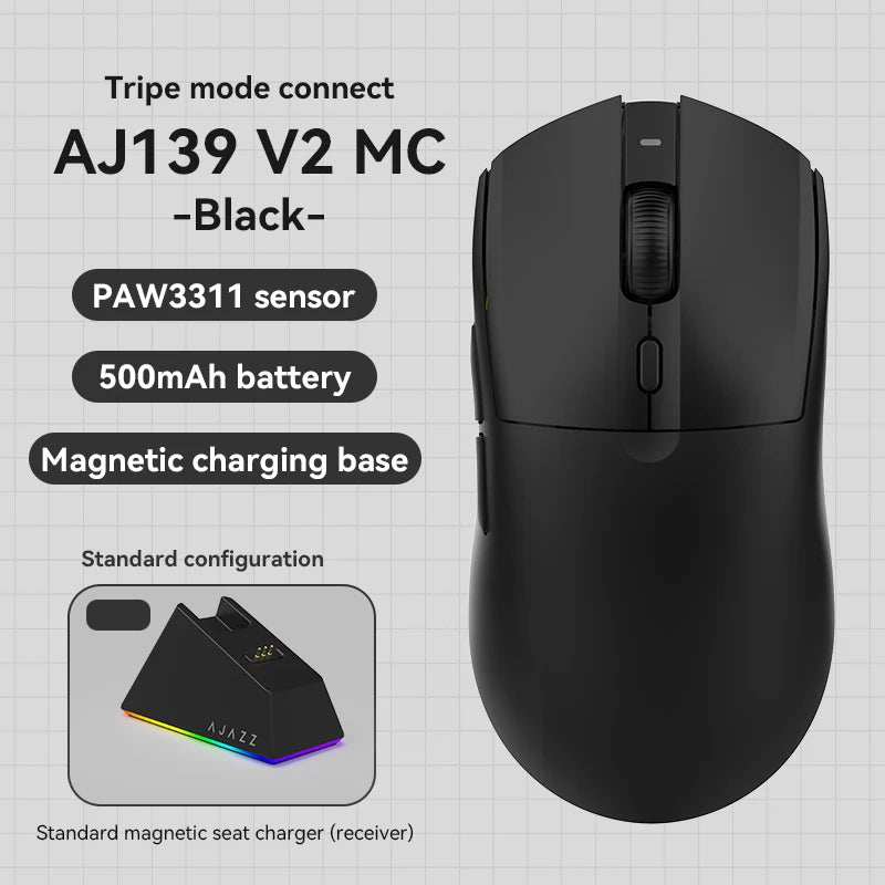 AJ139-V2-MC Tri-mode Wired/2.4GHz /BT Wireless Gaming Mouse with Dock PAW3311 Gaming Chipset 12000DPI Max