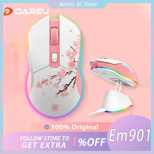 Dareu Em901 Mouse Dual Mode Wireless Charging Base Air PAW3395 Low Latency RGB Gaming Mouse Pc Gamer Accessories Custom Office