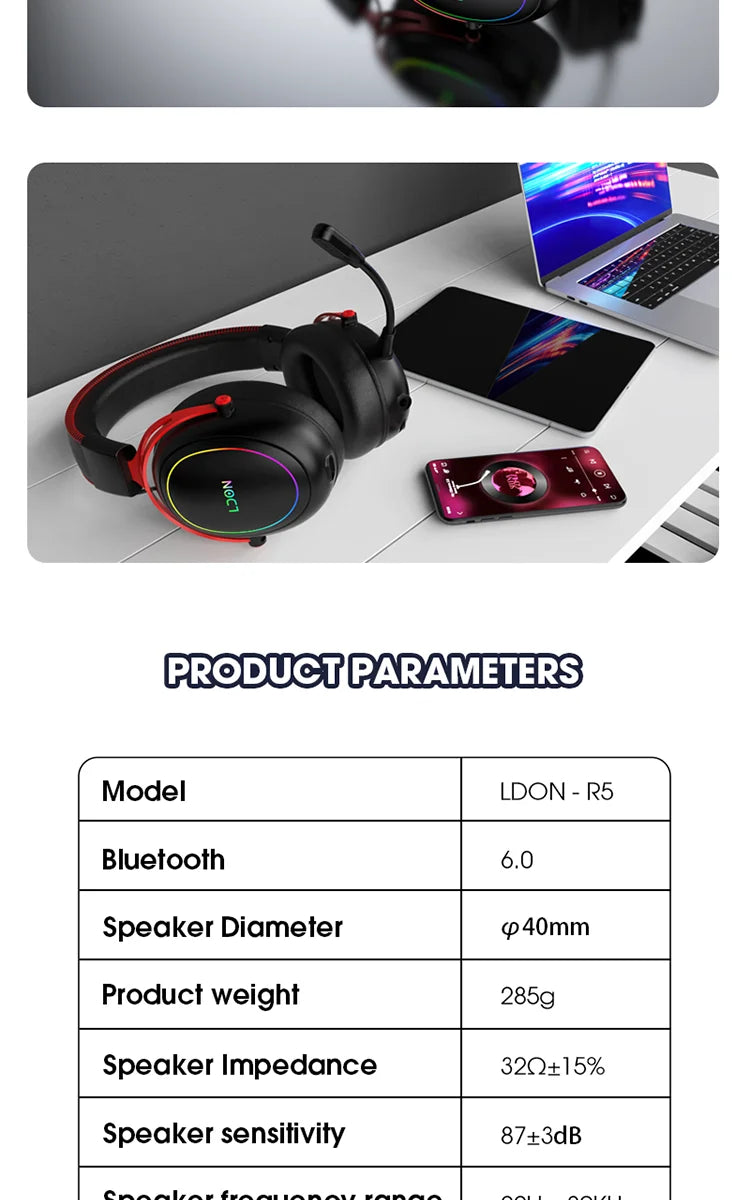 LDON Gaming Headset with RGB Noise Canceling Microphone 7.1 Surround Sound Headphones for PS5 PS4 One PC Laptop Mac Computer PC