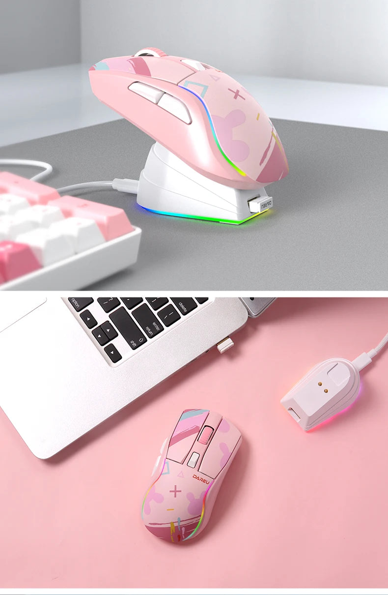 DAREU PC Gaming Mouse Tri-mode Connect Bluetooth Wired 2.4G Wireless Mice with Charging Base KBS Buttons Mous for Laptop Gamer