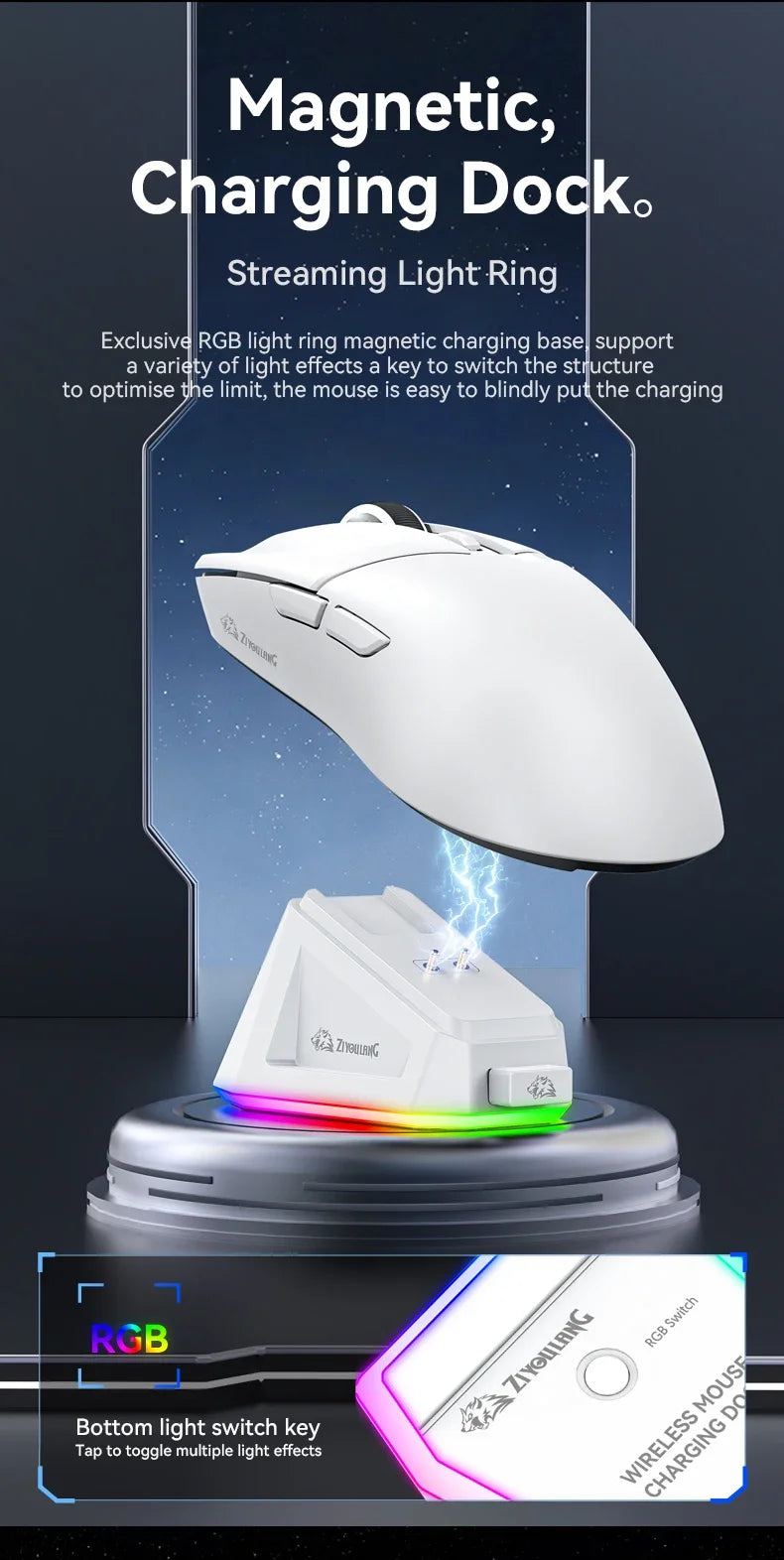 ZIYOULANG X2  Wireless Mouse , PixArt PAW3311, Tri-Mode Connection,RGB Magnetic Charging Base,Macro Gaming Mouse