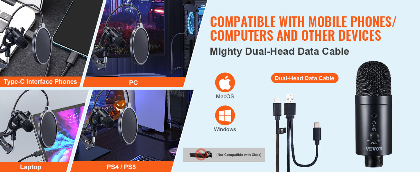 VEVOR USB Microphone 192kHz/24-bit Professional Condenser Microphone Kit for Podcast Recording Video Gaming Singing Streaming