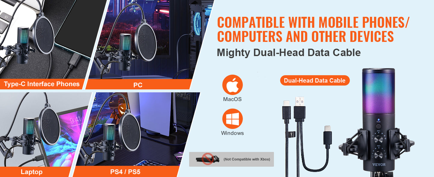 VEVOR USB Microphone 192kHz/24-bit Professional Condenser Microphone Kit for Podcast Recording Video Gaming Singing Streaming