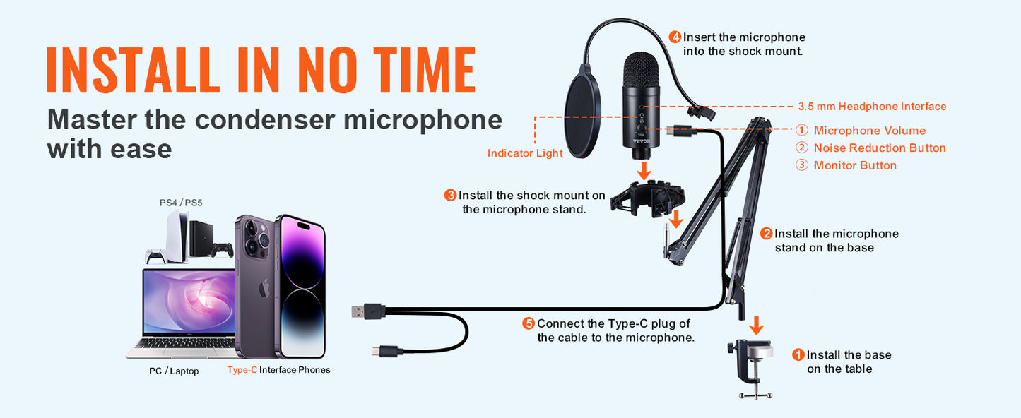 VEVOR USB Microphone 192kHz/24-bit Professional Condenser Microphone Kit for Podcast Recording Video Gaming Singing Streaming