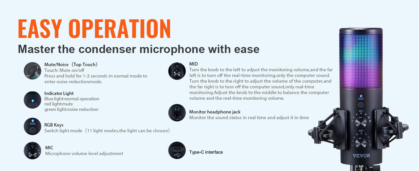 VEVOR USB Microphone 192kHz/24-bit Professional Condenser Microphone Kit for Podcast Recording Video Gaming Singing Streaming